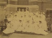 yellow faded black & white class photo of nursing students